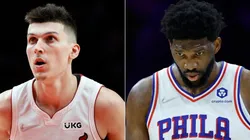 Tyler Herro of the Miami Heat and Joel Embiid of the Philadelphia 76ers