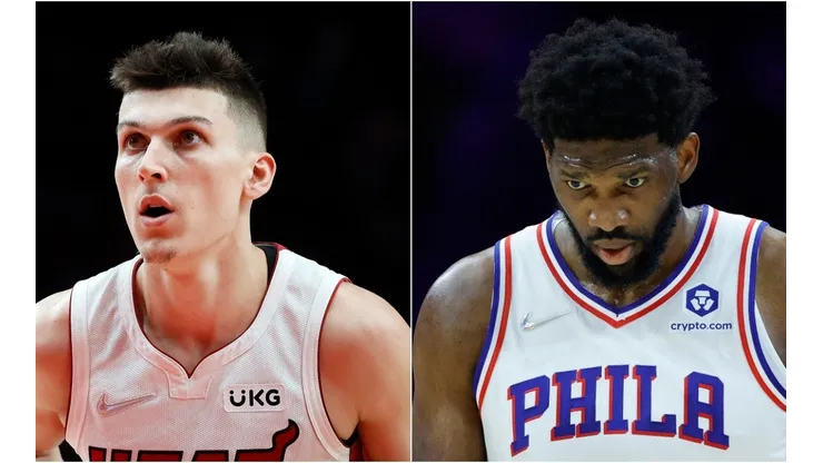 Tyler Herro of the Miami Heat and Joel Embiid of the Philadelphia 76ers