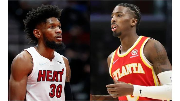 Chris Silva of the Miami Heat (left) and Delon Wright of the Atlanta Hawks (right)