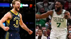 Domantas Sabonis of the Indiana Pacers (left) and Jaylen Brown of the Boston Celtics (right)