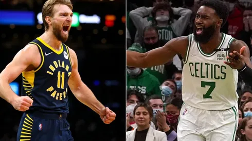 Domantas Sabonis of the Indiana Pacers (left) and Jaylen Brown of the Boston Celtics (right)
