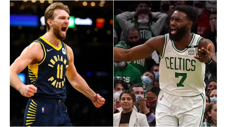 Domantas Sabonis of the Indiana Pacers (left) and Jaylen Brown of the Boston Celtics (right)