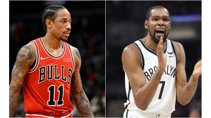 DeMar DeRozan of the Chicago Bulls (left) and Kevin Durant of the Brooklyn Nets (right)