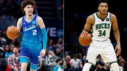 LaMelo Ball of the Charlotte Hornets (left) and Giannis Antetokounmpo of the Milwaukee Bucks (right)