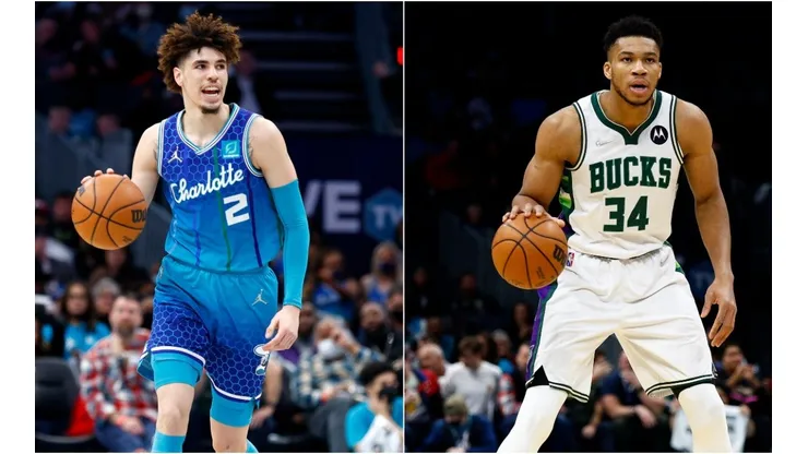 LaMelo Ball of the Charlotte Hornets (left) and Giannis Antetokounmpo of the Milwaukee Bucks (right)