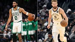 Jayson Tatum of the Boston Celtics (left) and Domantas Sabonis of the Indiana Pacers (right)