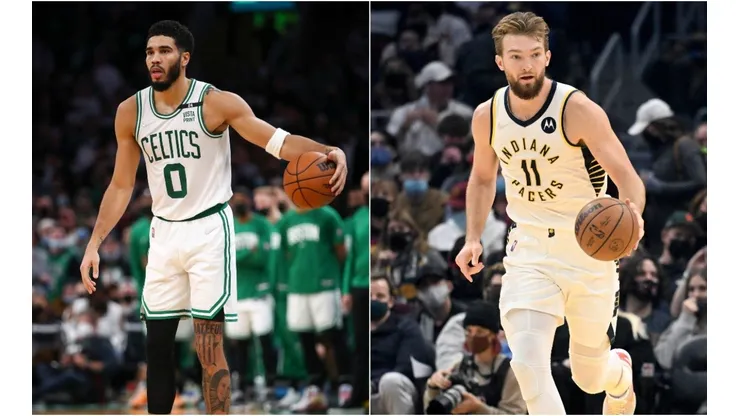 Jayson Tatum of the Boston Celtics (left) and Domantas Sabonis of the Indiana Pacers (right)