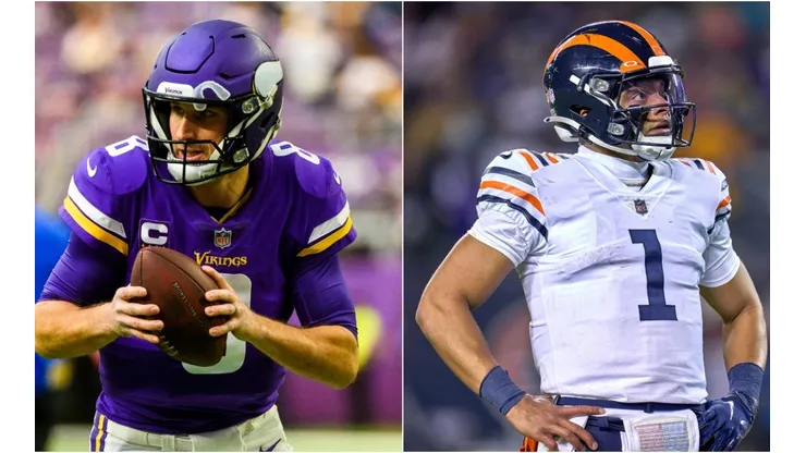 Kirk Cousins (right) of Vikings and Justin Fields (lesft) of Bears