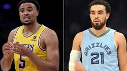 Talen Horton-Tucker of the Los Angeles Lakers (left) and Tyus Jones of the Memphis Grizzlies (right)