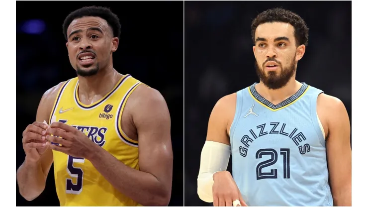 Talen Horton-Tucker of the Los Angeles Lakers (left) and Tyus Jones of the Memphis Grizzlies (right)