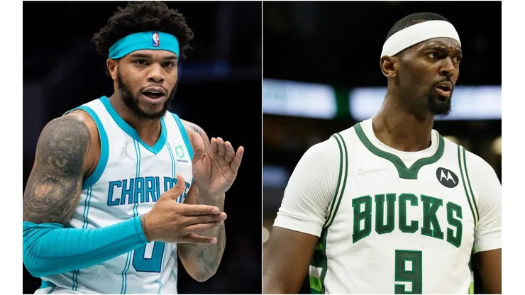 Miles Bridges of the Charlotte Hornets (left) and Bobby Portis of the Milwaukee Bucks (right)