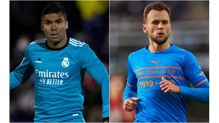 Casemiro of Real Madrid (left) and Denis Cheryshev of Valencia (right)