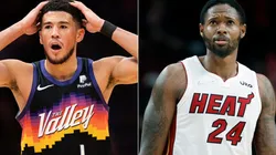 Devin Booker of the Phoenix Suns (left) and Haywood Highsmith of the Miami Heat (right)