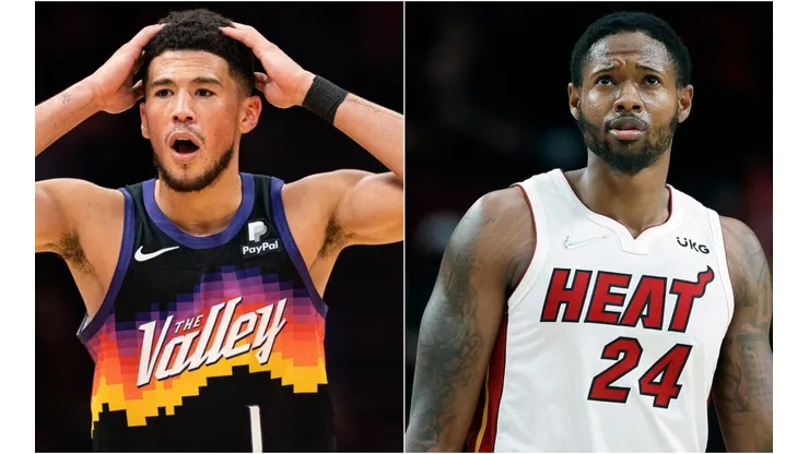 Devin Booker of the Phoenix Suns (left) and Haywood Highsmith of the Miami Heat (right)