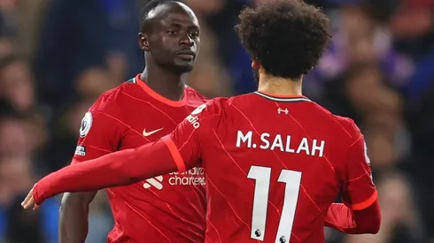 Sadio Mane of Liverpool celebrates after scoring a goal with his team mate Mohamed Salah