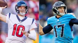 Davis Mills of the Houston Texans (right) and Ryan Tannehill of the Tennessee Titans (left)