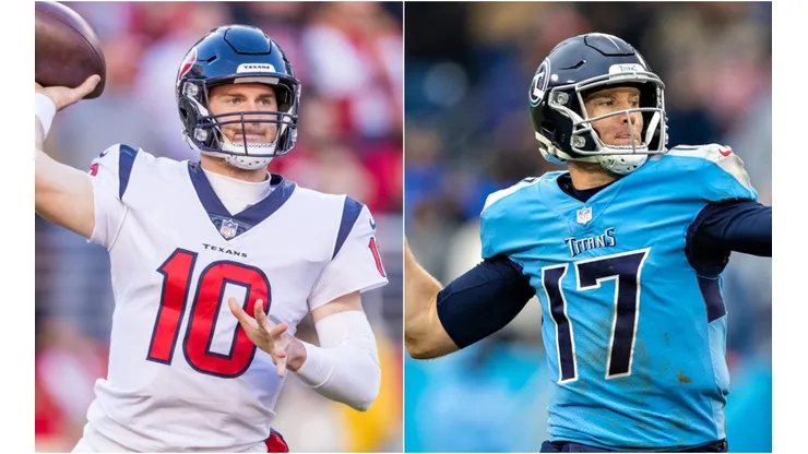 Davis Mills of the Houston Texans (right) and Ryan Tannehill of the Tennessee Titans (left)