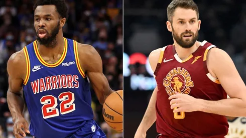Andrew Wiggins of the Golden State Warriors (left) and Kevin Love of the Cleveland Cavaliers (right)