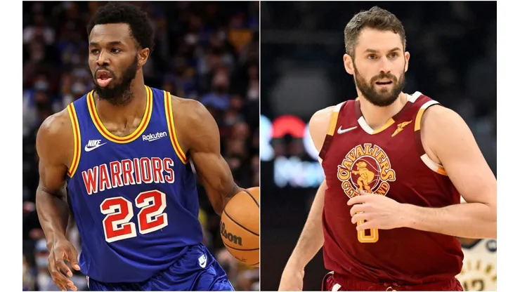 Andrew Wiggins of the Golden State Warriors (left) and Kevin Love of the Cleveland Cavaliers (right)
