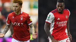 Jack Colback of Nottingham Forest (left) and Nuno Tavares of Arsenal (right)