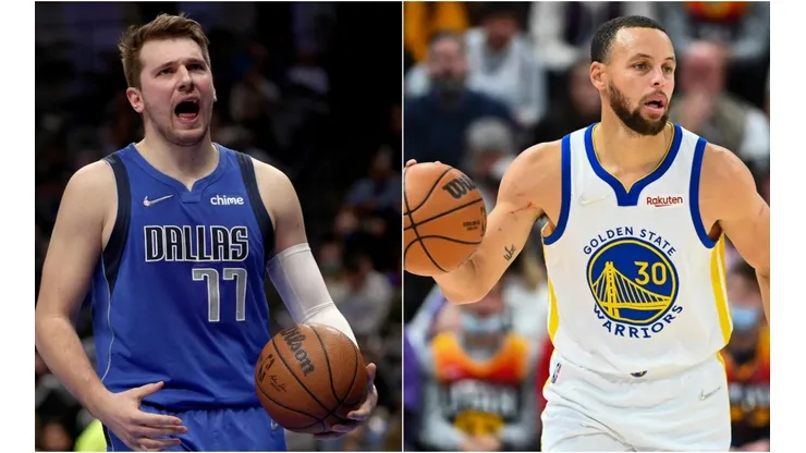 Luka Doncic (left) of Mavericks and Stephen Curry (right) of Warriors