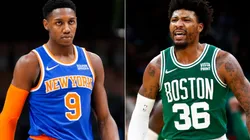 RJ Barrett of the New York Knicks (left) and Marcus Smart of the Boston Celtics (right)