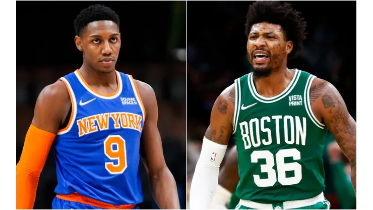 RJ Barrett of the New York Knicks (left) and Marcus Smart of the Boston Celtics (right)
