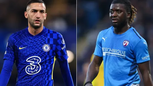 Hakim Ziyech of Chelsea (left) and Kabongo Tshimanga of Chesterfield (right)