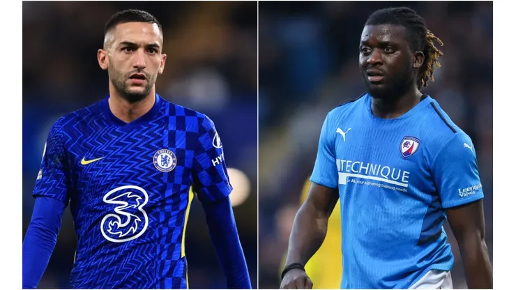Hakim Ziyech of Chelsea (left) and Kabongo Tshimanga of Chesterfield (right)