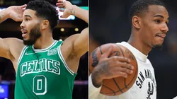 Jayson Tatum (left) of Boston Celtics and Dejounte Murray (right) of San Antonio Spurs