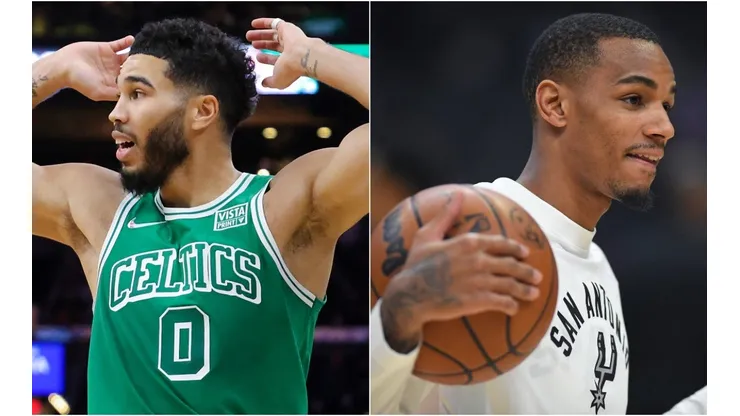 Jayson Tatum (left) of Boston Celtics and Dejounte Murray (right) of San Antonio Spurs