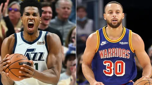 Hassan Whiteside of the Utah Jazz (left) and Stephen Curry of the Golden State Warriors.