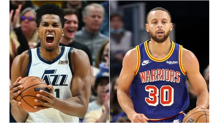 Hassan Whiteside of the Utah Jazz (left) and Stephen Curry of the Golden State Warriors.