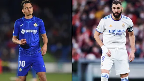 Enes Unal (left) of Getafe and Karim Benzema (right) of Real Madrid
