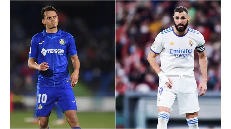 Enes Unal (left) of Getafe and Karim Benzema (right) of Real Madrid