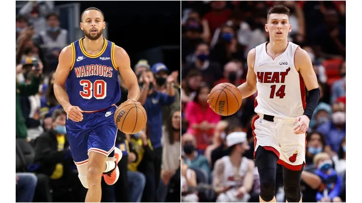 Stephen Curry (left) of Golden State Warriors and Tyler Herro (right) of Miami Heat