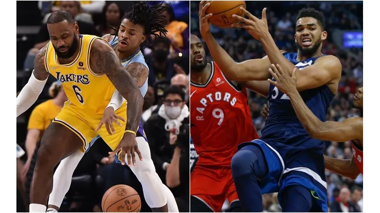 LeBron James (left) of Lakers and Karl-Anthony Towns (right) of Timberwolves