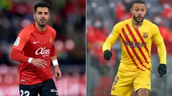 Angel Rodriguez of RCD Mallorca (left) and Memphis Depay of FC Barcelona (right)
