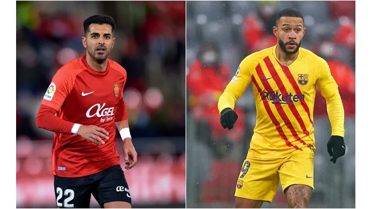 Angel Rodriguez of RCD Mallorca (left) and Memphis Depay of FC Barcelona (right)