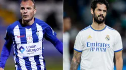 Julian Cerda of Alcoyano (left) and Isco of Real Madrid (right)