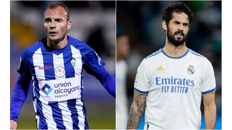 Julian Cerda of Alcoyano (left) and Isco of Real Madrid (right)