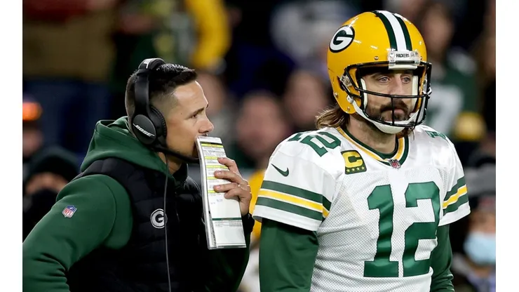 Head coach Matt LaFleur and quarterback Aaron Rodgers of Green Bay Packers