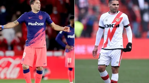 Luis Suarez (left) of Atletico Madrid and Radamel Falcao (right) of Rayo Vallecano