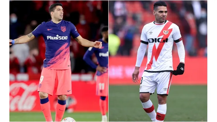 Luis Suarez (left) of Atletico Madrid and Radamel Falcao (right) of Rayo Vallecano