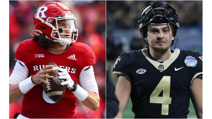 Quarterback Noah Vedral of the Rutgers Scarlet Knights (left) and Nick Sciba kicker of Wake Forest (right)
