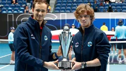 Daniil Medvedev and Andrey Rublev of Russia with the ATP Cup 2021 trophy