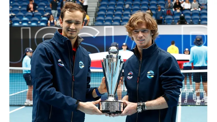 Daniil Medvedev and Andrey Rublev of Russia with the ATP Cup 2021 trophy