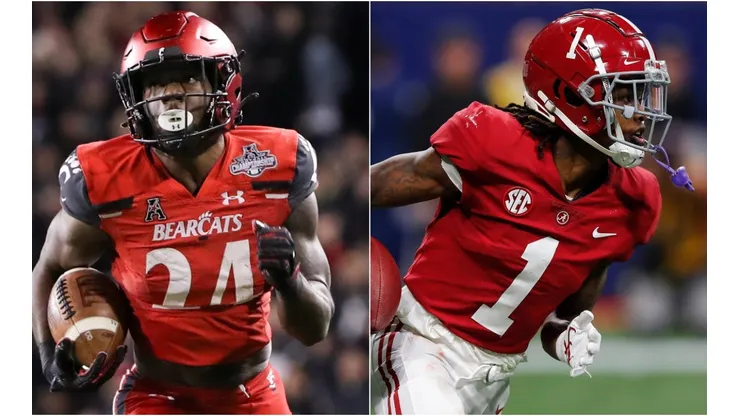 Cincinnati Bearcats running back Jerome Ford (left) and Jameson Williams of the Alabama Crimson Tide (right)