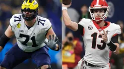 Michigan Wolverines offensive lineman Andrew Stueber (left) and Georgia Bulldogs Quarterback Stetson Bennett (right)