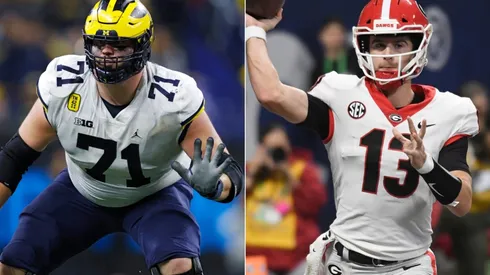 Michigan Wolverines offensive lineman Andrew Stueber (left) and Georgia Bulldogs Quarterback Stetson Bennett (right)